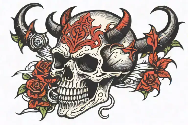 devil skull stabbed accross head emerging tattoo design idea
