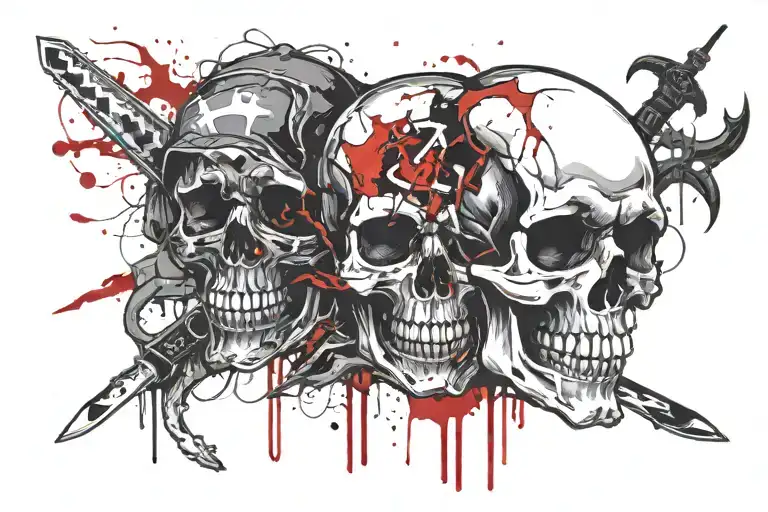 hell fire skull stabbed with knife crossed tattoo design idea
