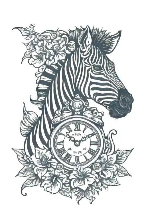 digital clock, zebra, petunia flowers tattoo design idea