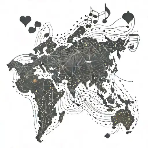 A map of the world with a heart marking Curacao and a trail of music notes connecting different countries tattoo design idea