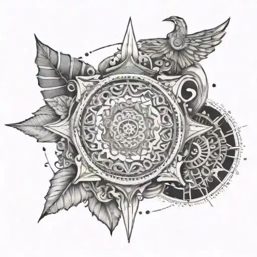 A mandala design incorporating elements of music, travel, and family, with Curacao represented at the center tattoo design idea