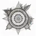 A mandala design incorporating elements of music, travel, and family, with Curacao represented at the center tattoo design idea