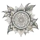 A mandala design incorporating elements of music, travel, and family, with Curacao represented at the center tattoo design idea