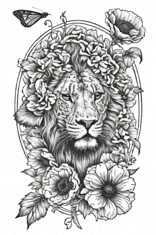 leo and poppies blooming tattoo design idea
