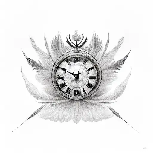 A captivating sketch-style tattoo featuring a clock displaying the significant date 27 June 2020 in Roman numerals, embellished with graceful feathers and the name Abdelmonem, elegantly wrapping around the forearm. tattoo design idea