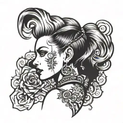 punk girl, black and white, side face tattoo design idea