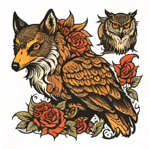 owl,crow,red deer,wolf,schottisch brown collie  tattoo design idea