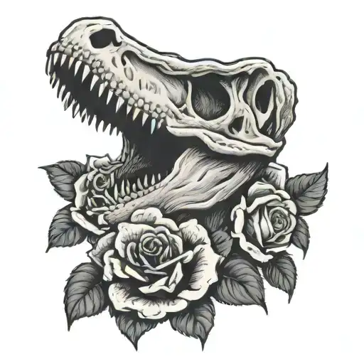 T. rex skull and roses growing tattoo design idea