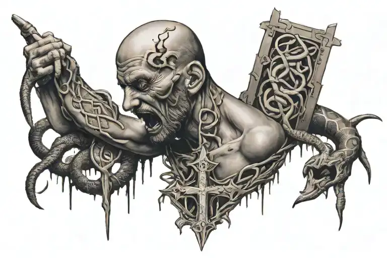 guillotine cutting off someone’s head  with snakes and crosses and 2004 tattoo design idea