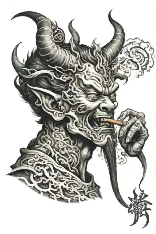 Chinese Devil smoking tattoo design idea