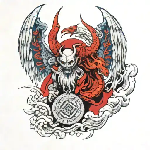 ZUES AND Chinese devil wings tattoo design idea