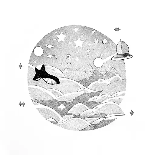whale above the ocean, space and stars, the mountains tattoo design idea
