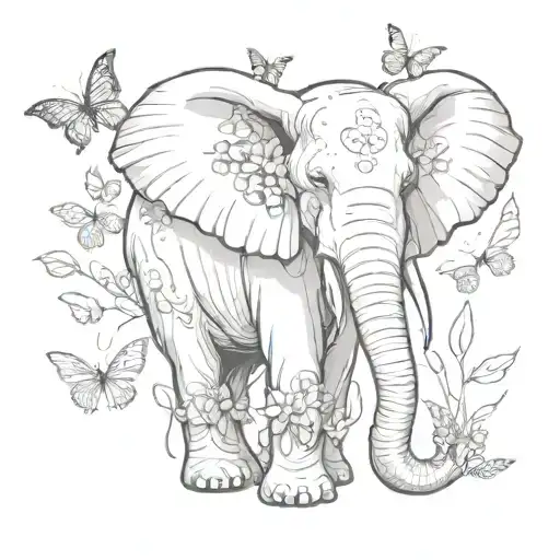 elephant, cancer ribbion, butterflies fluttering tattoo design idea