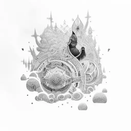 A mesmerizing scene of a shiriro voyage through a mystical and vibrant world tattoo design idea