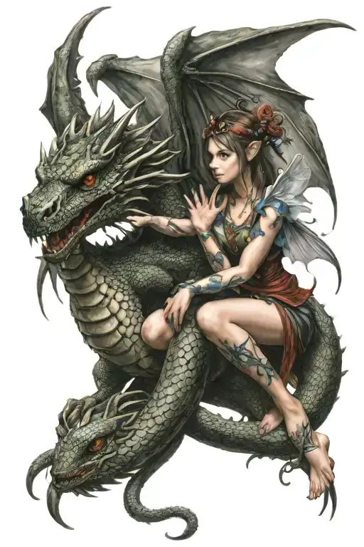 fairy holding dragon tattoo design idea