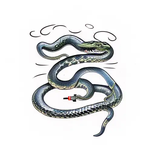 Curled snake smoking a cigarette tattoo design idea