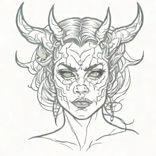 female rage , devil satisfied girl face  , not too intense , dark feminine energy tattoo design idea