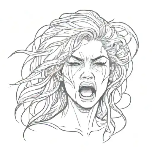 female rage , screaming but satisfied girl face and hair , not too intense , dark feminine energy  tattoo design idea