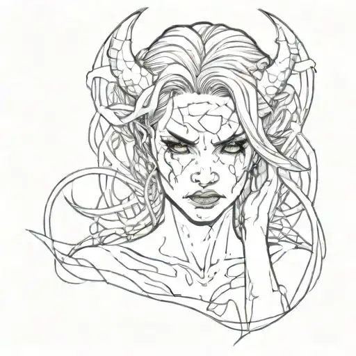 Female rage , devil satisfied girl, dark feminine , not too intense , mildly abstract simple tattoo design idea