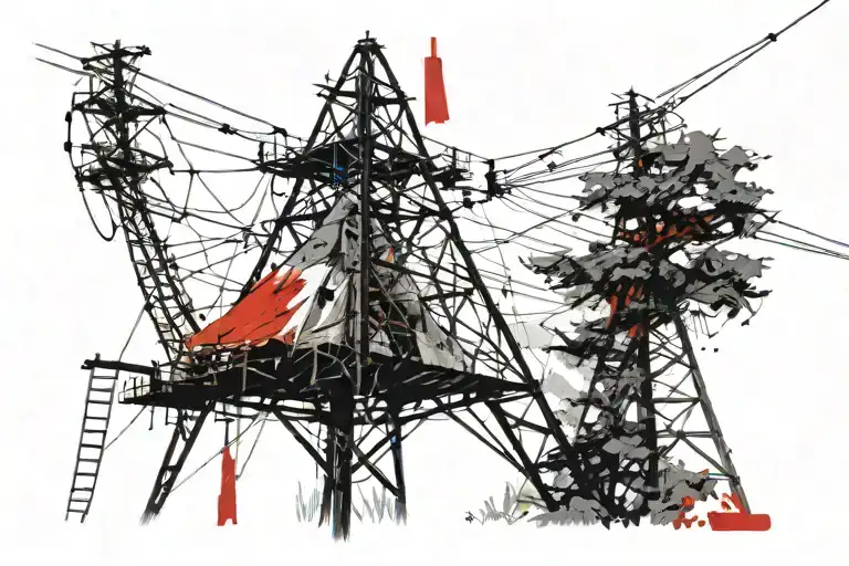 power line steel tower, with lines turning into lightning that is striking a tree, which is in a camp scene with a tent tattoo design idea