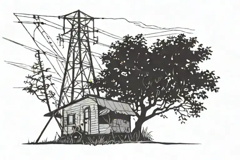 power line steel tower, with lines turning into lightning that is striking a tree, which is in a camp scene with a tent tattoo design idea
