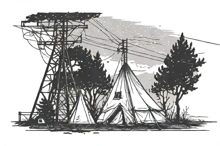 power line steel tower, with lines turning into lightning that is striking a tree, which is in a camp scene with a tent tattoo design idea