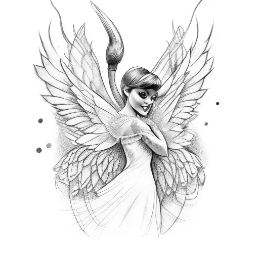 tinker bell looing over her shoulder holding her wings tattoo design idea