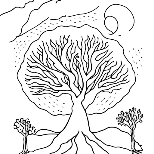 oak tree with sunrise and people dancing tattoo design idea