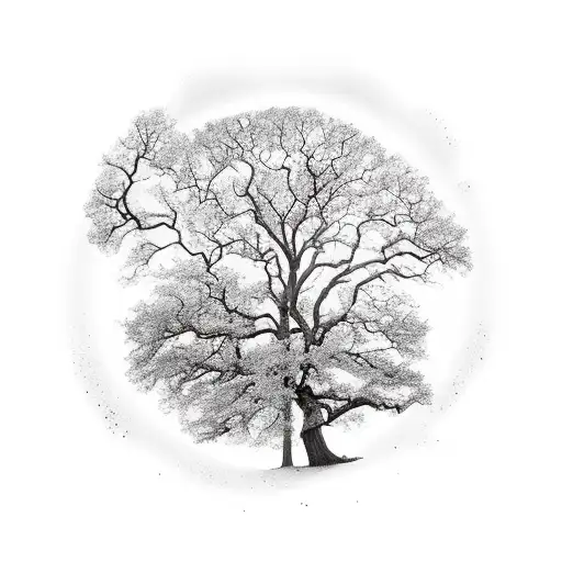 sunrise with oak tree tattoo design idea
