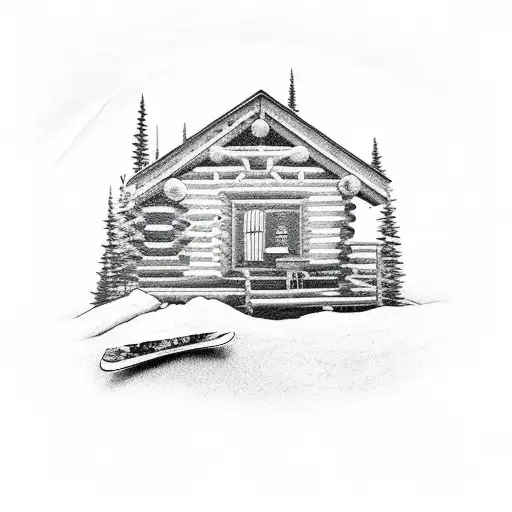 cabin with mountains in the background and a snowboard in the middle tattoo design idea
