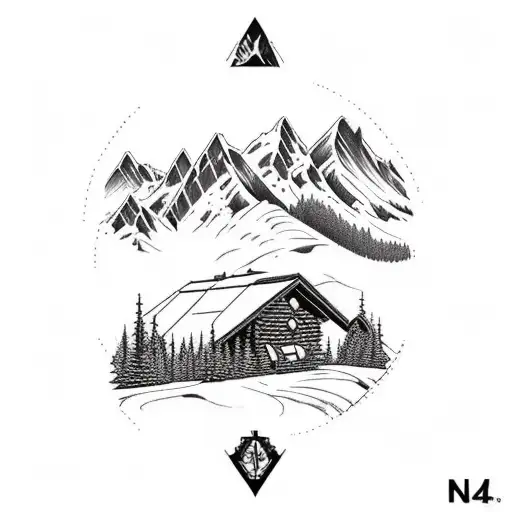 cabin with mountains in the background and a snowboard in the middle tattoo design idea