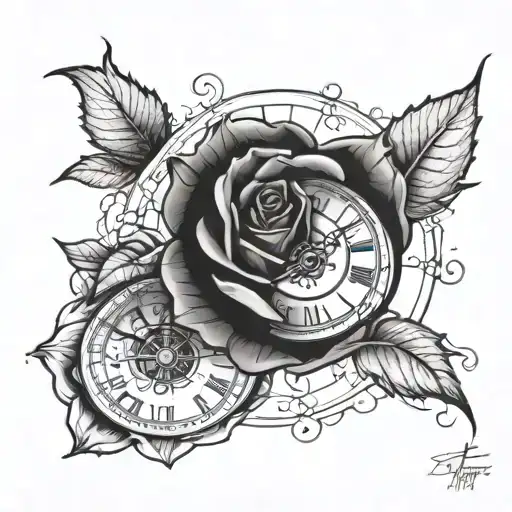 a rose with a clock with an eye two signatures tattoo design idea