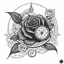 a rose with a clock with an eye two signatures tattoo design idea
