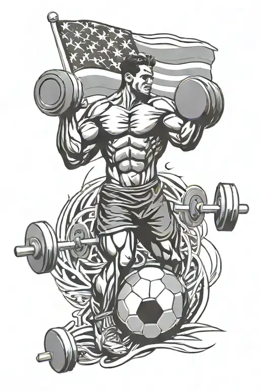 Brazilian flag intertwined with a football and a dumbbell to represent athlete bodybuilding tattoo design idea