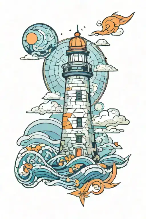 A mosaic-inspired tattoo design featuring a lighthouse overlooking the ocean, with a color scheme of blue and orange, in tattoo design idea