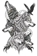 two wolves with two wolf pups as a pack with storm and crows.  tattoo design idea