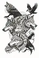 two wolves with two wolf pups as a pack with storm and crows.  tattoo design idea