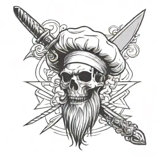 Skull chef hat and beard with cross knives. tattoo design idea