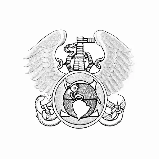 marine corps logo held on a marines shoulders like atlas, American flag and military rememberance rifle symbol tattoo design idea