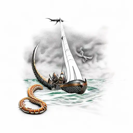 Realistic depiction of a Viking longship battling a sea serpent tattoo design idea