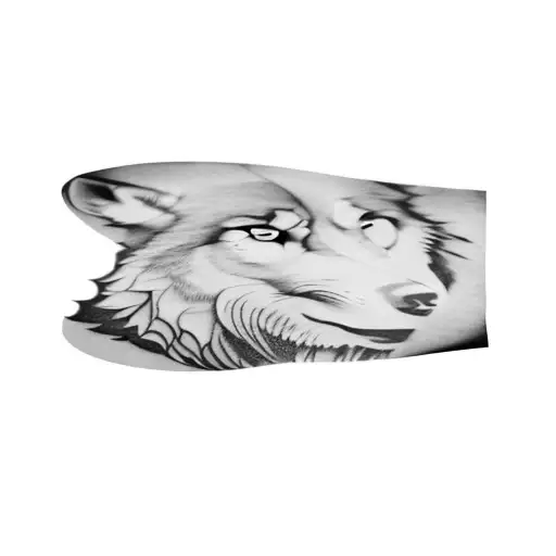 a wolf surrounded by an eye, a moon, mountains, owl wings tattoo design idea