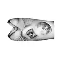 a wolf surrounded by an eye, a moon, mountains, owl wings tattoo design idea