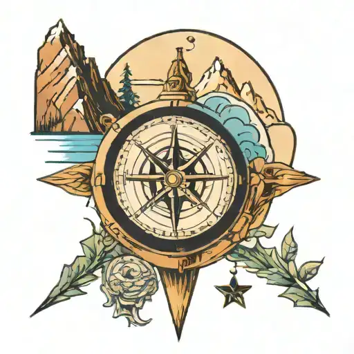 A tattoo of a travel-themed compass and mountain tattoo design idea