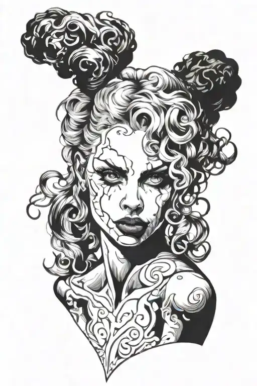 blonde woman from the front with curly hair and a demonic face tattoo design idea