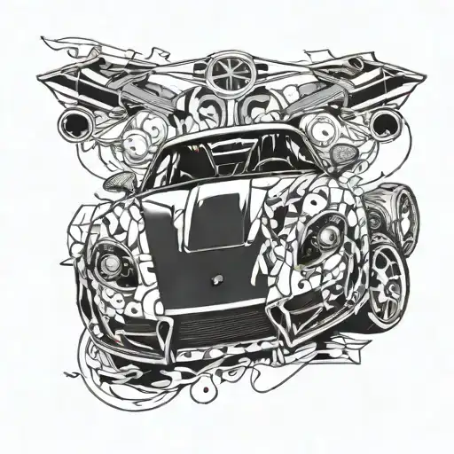 A tattoo design of a sleek sports car wrapped in a money pattern, with a stylish clothing accessory hanging from the rearview mirror tattoo design idea