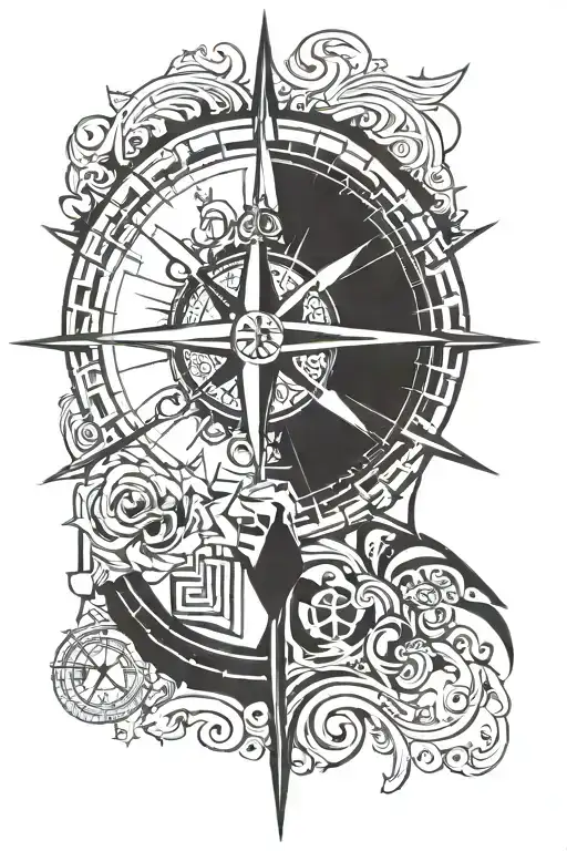 A new-school style tattoo of a compass rose with coordinates of your home, son's birthplace, and favorite travel destination, representing your passion for home, family, and travel tattoo design idea