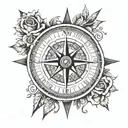 A new-school style tattoo of a compass rose with coordinates of your home, son's birthplace, and favorite travel destination, representing your passion for home, family, and travel tattoo design idea