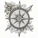 A new-school style tattoo of a compass rose with coordinates of your home, son's birthplace, and favorite travel destination, representing your passion for home, family, and travel tattoo design idea