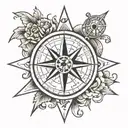A new-school style tattoo of a compass rose with coordinates of your home, son's birthplace, and favorite travel destination, representing your passion for home, family, and travel tattoo design idea