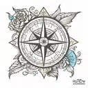 A new-school style tattoo of a compass rose with coordinates of your home, son's birthplace, and favorite travel destination, representing your passion for home, family, and travel tattoo design idea